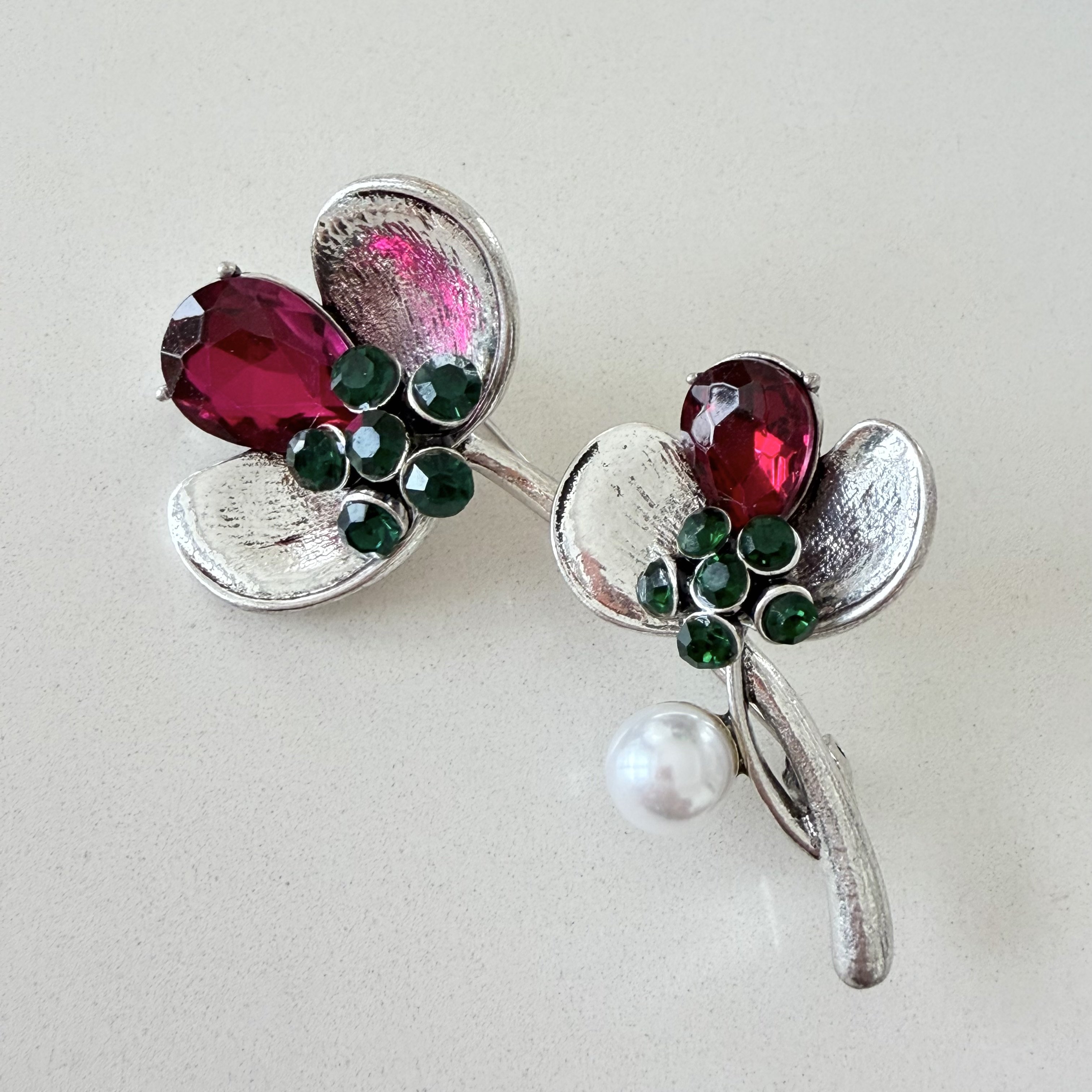 Pembe Taşlı Gümüş Çiçek Broş