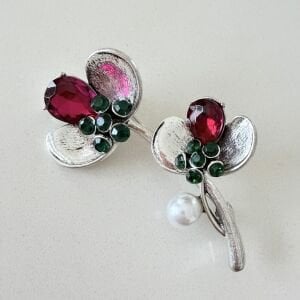 Pembe Taşlı Gümüş Çiçek Broş