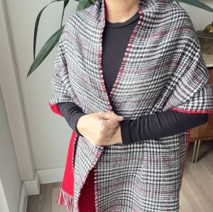 Çift Taraflı Ekose Kırmızı Siyah Şal