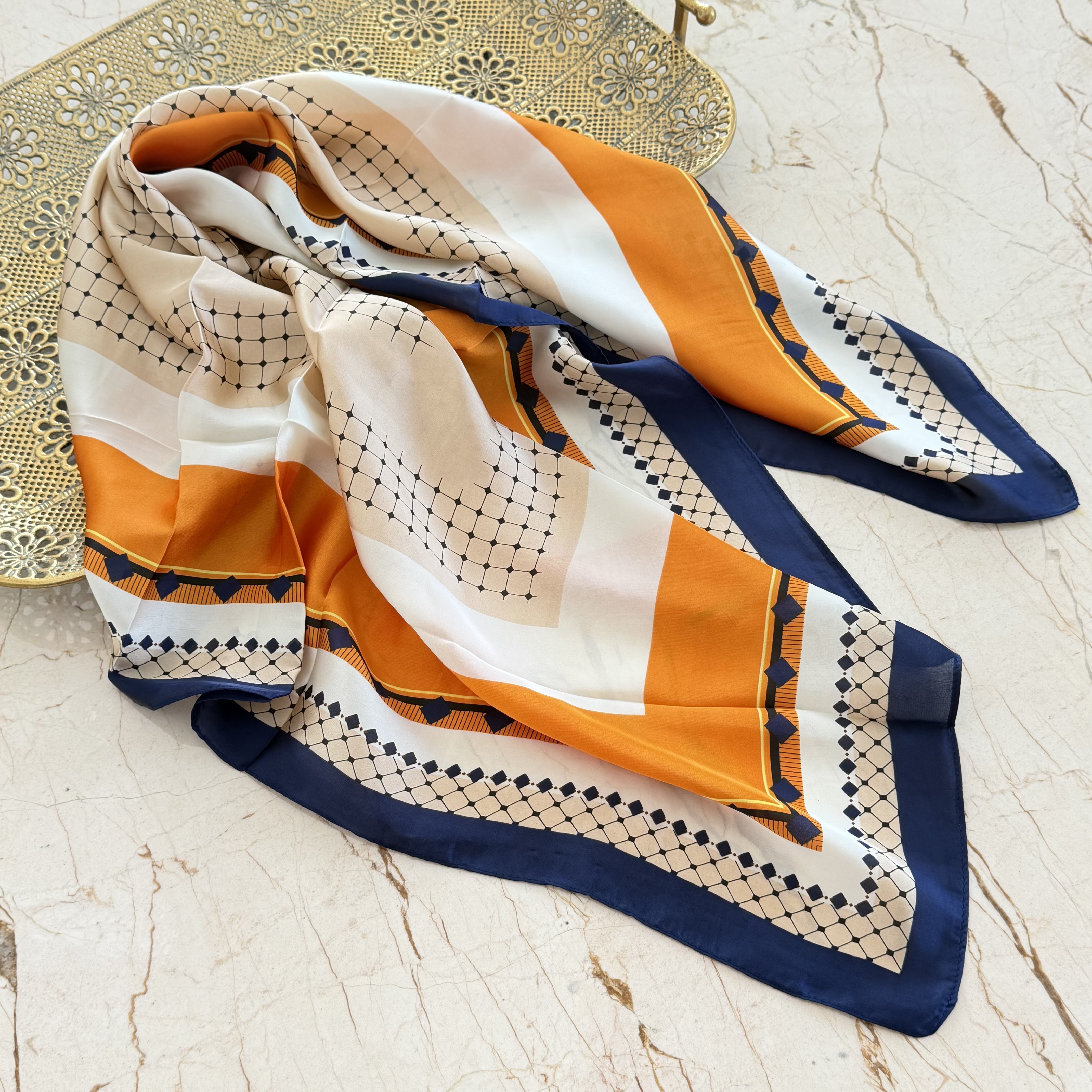 Turuncu Lacivert İpek Saten Fular (90*90cm)