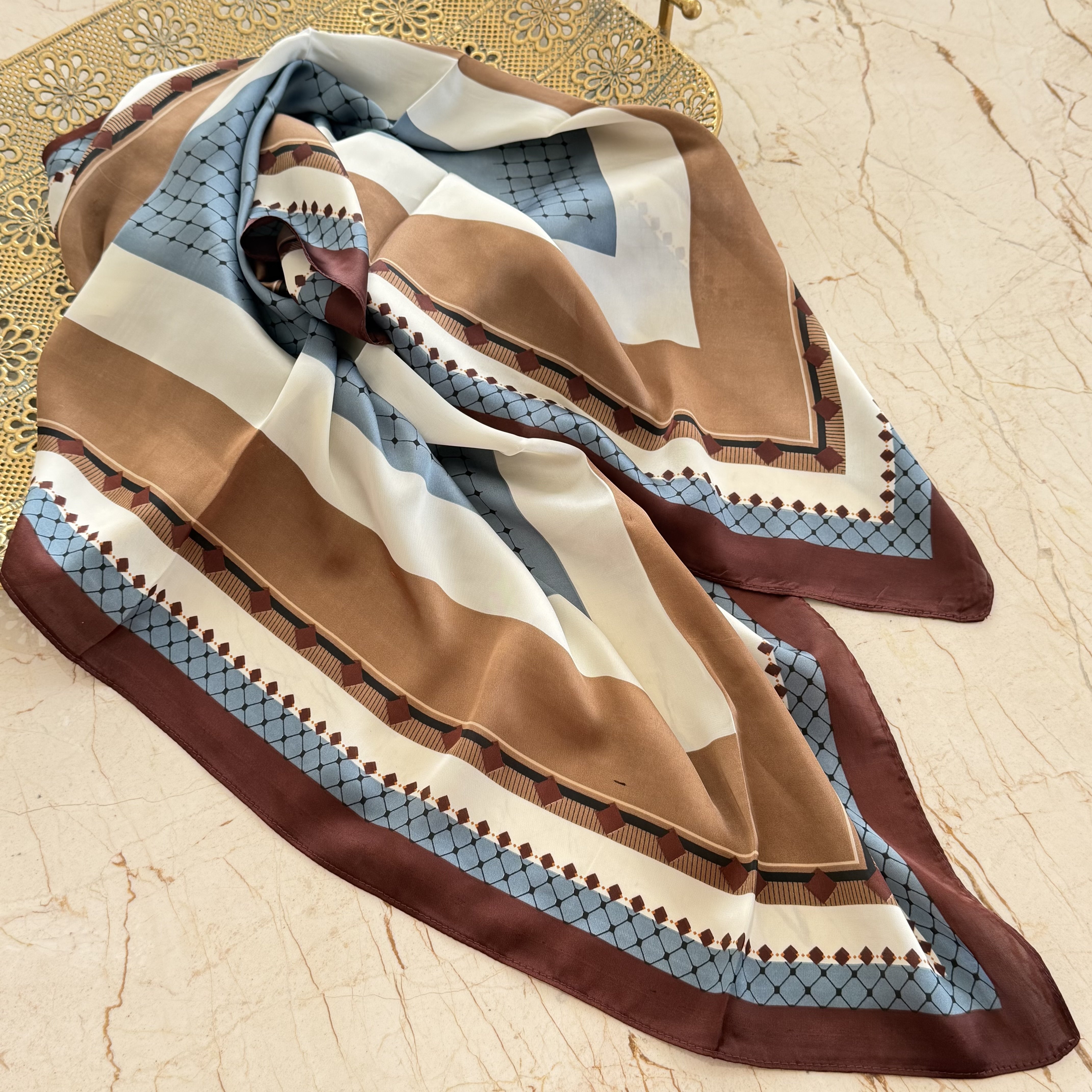 Kahverengi Mavi İpek Saten Fular (90*90cm)