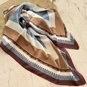 Kahverengi Mavi İpek Saten Fular (90*90cm)