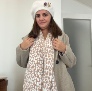 Krem Açık Kahve Yumuşak Dokulu Leopar Desenli Atkı