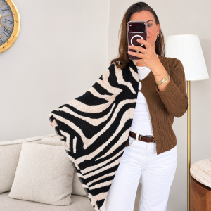 Ekru Zebra Desenli Kare Şal 110*110cm