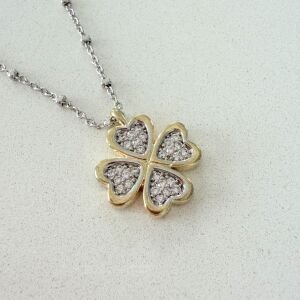 Altın Kaplama Çift Renkli Taşlı Yonca Kolye