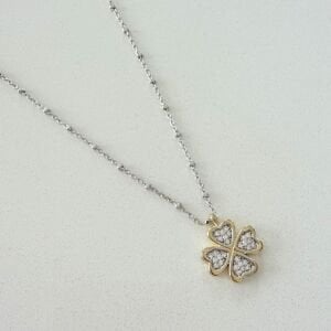 Altın Kaplama Çift Renkli Taşlı Yonca Kolye