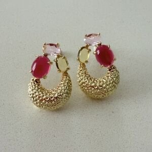 Altın Kaplama Pembe Renk Taş Detaylı Küpe