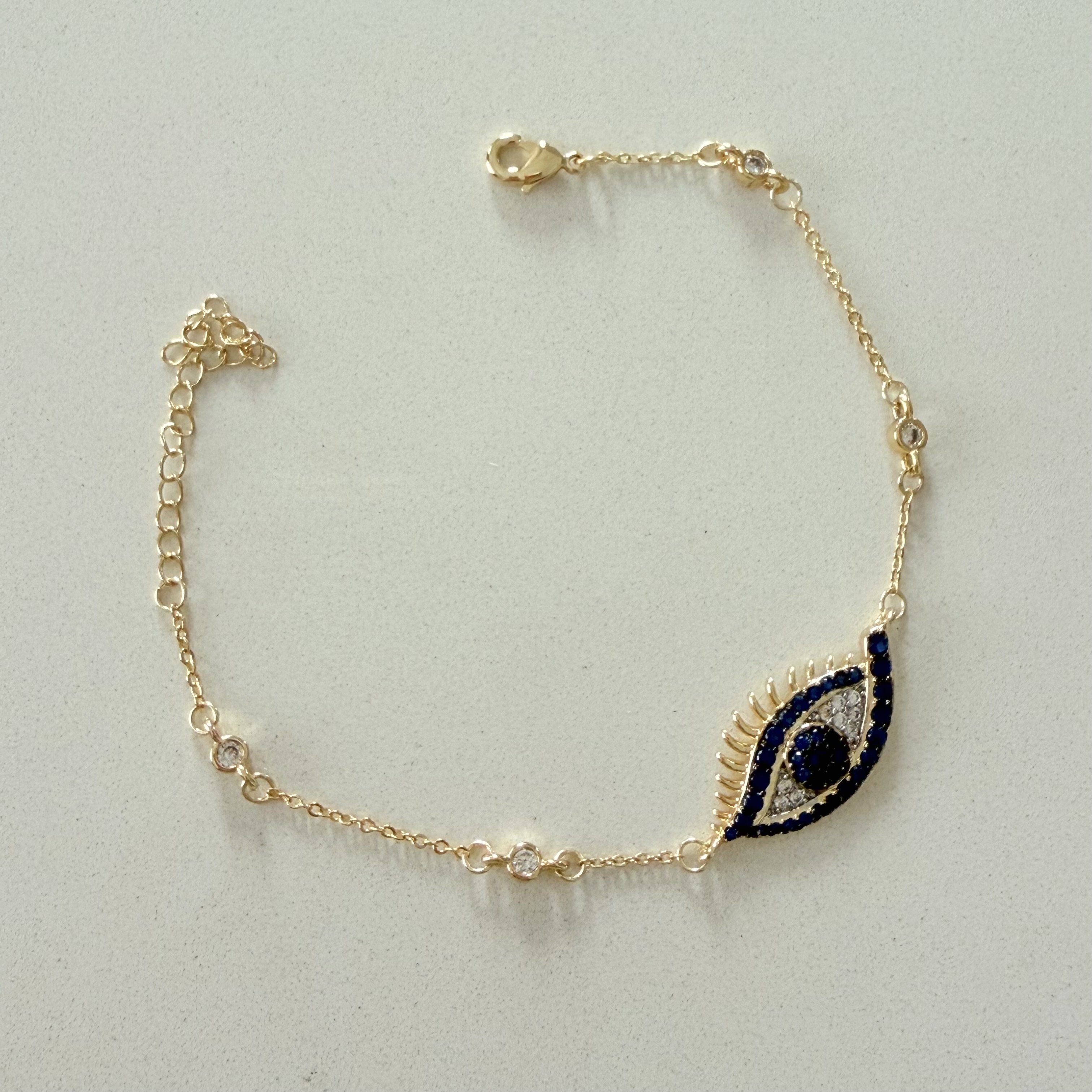 Altın Kaplama Göz Figürlü Mavi Taşlı Bileklik