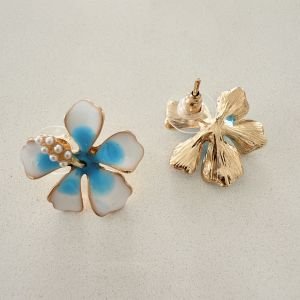 İnci Detaylı Mavi Beyaz Mineli Manolya Küpe