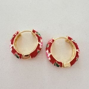 Altın Kaplama Çiçekli Kırmızı Mineli Halka Küpe