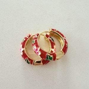 Altın Kaplama Çiçekli Kırmızı Mineli Halka Küpe