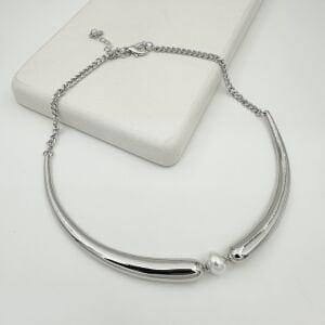 Altın Kaplama İnci Detaylı Plaka Kolye -gümüş-