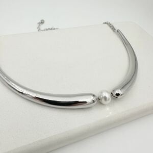 Altın Kaplama İnci Detaylı Plaka Kolye -gümüş-