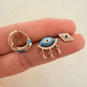 Altın Kaplama Mavi Mineli Göz Set Küpe