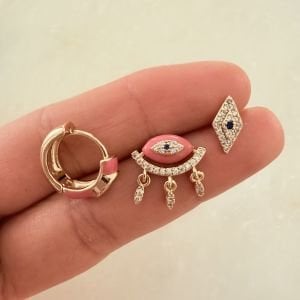 Altın Kaplama Pembe Mineli Göz Set Küpe