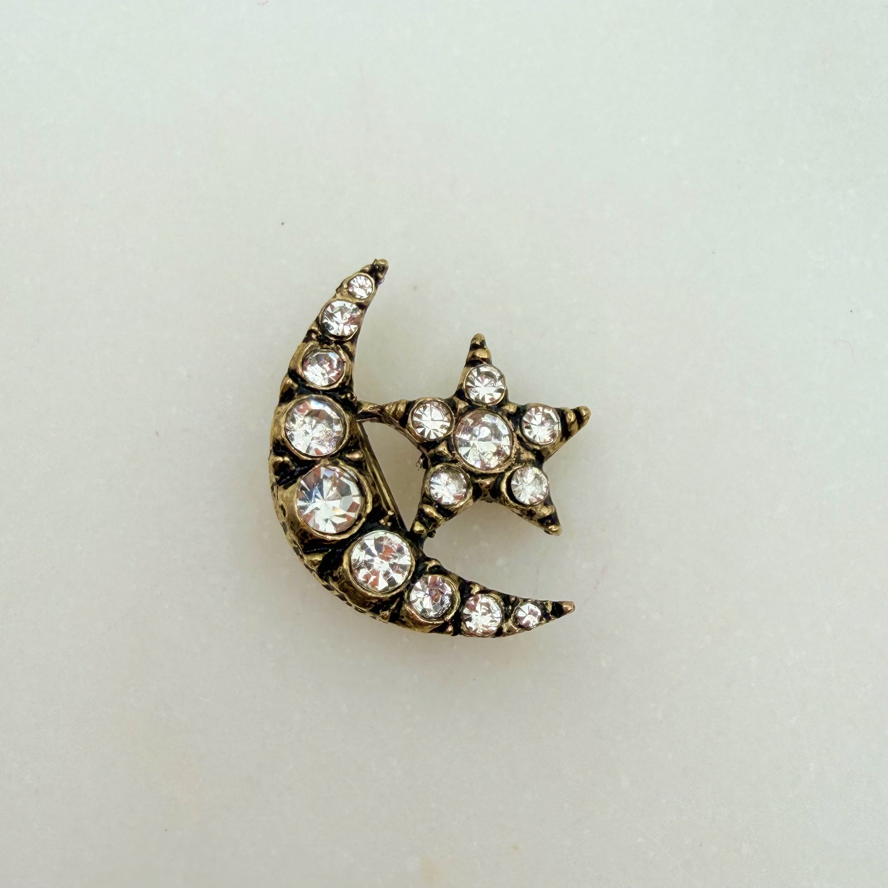Taşlı İnce Ay Yıldız Broş