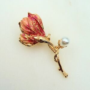 İnci Detaylı Pembe Çiçek Broş
