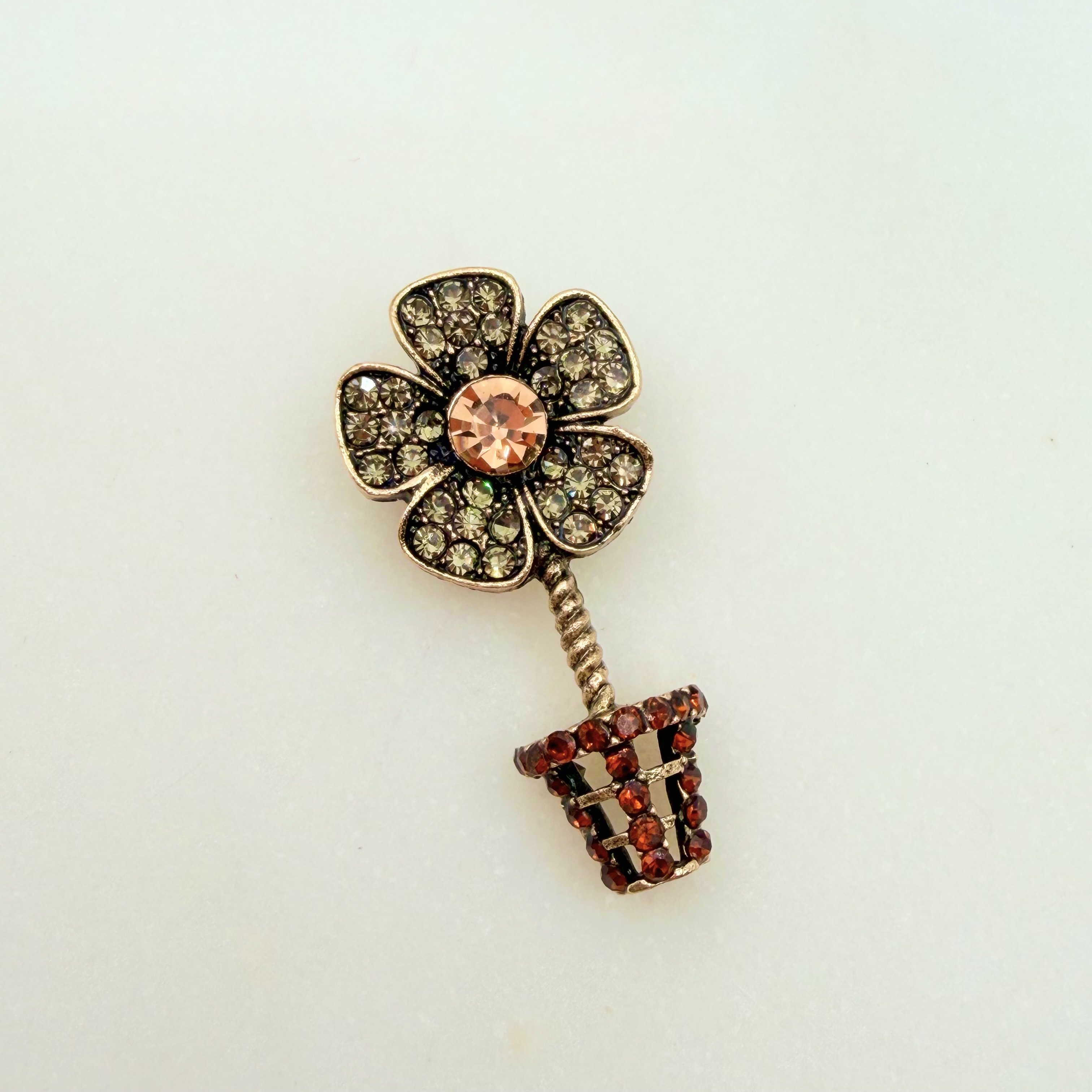 Bronz Saksıda Gri Taşlı Papatya Broş