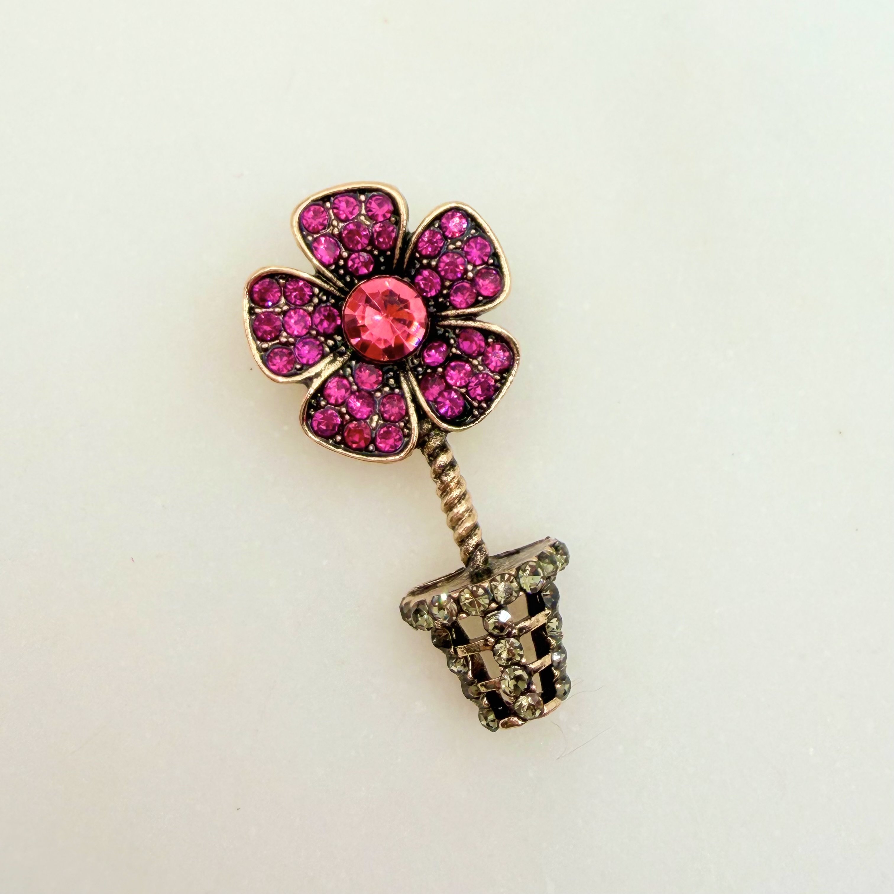 Bronz Saksıda Pembe Taşlı Papatya Broş