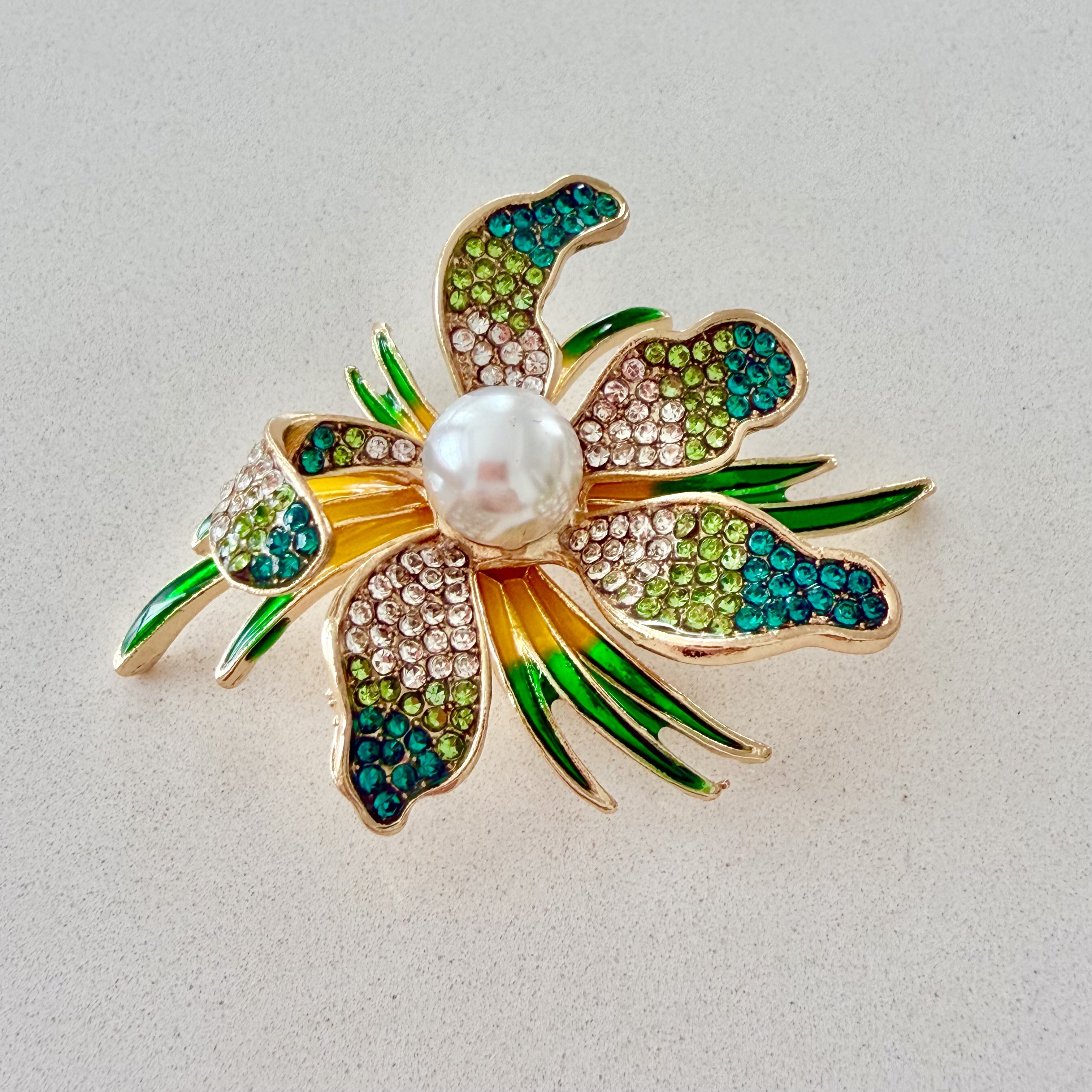 Yeşil Taşlı Orkide Broş