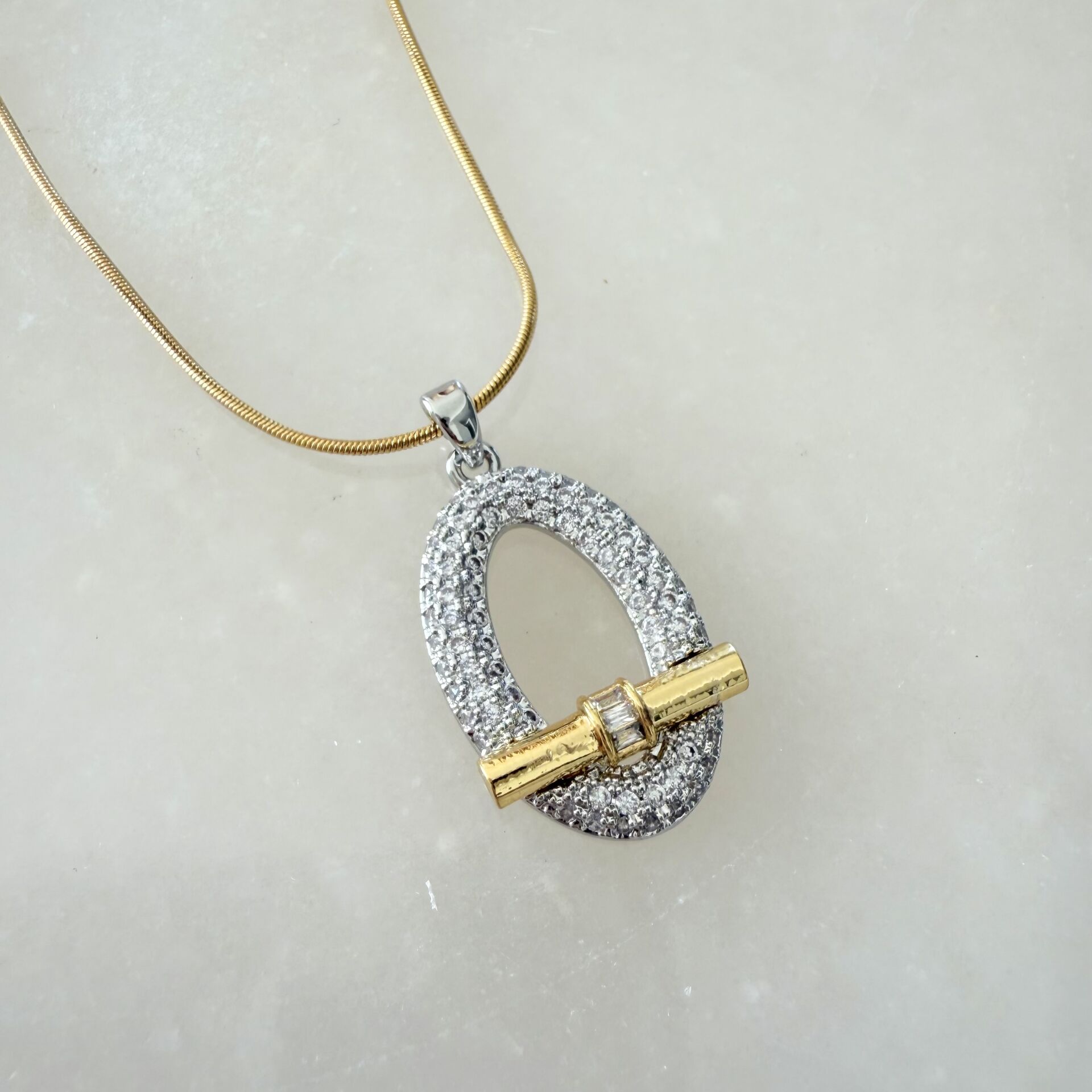 Çelik Taş Detaylı Oval Kolye (60cm)