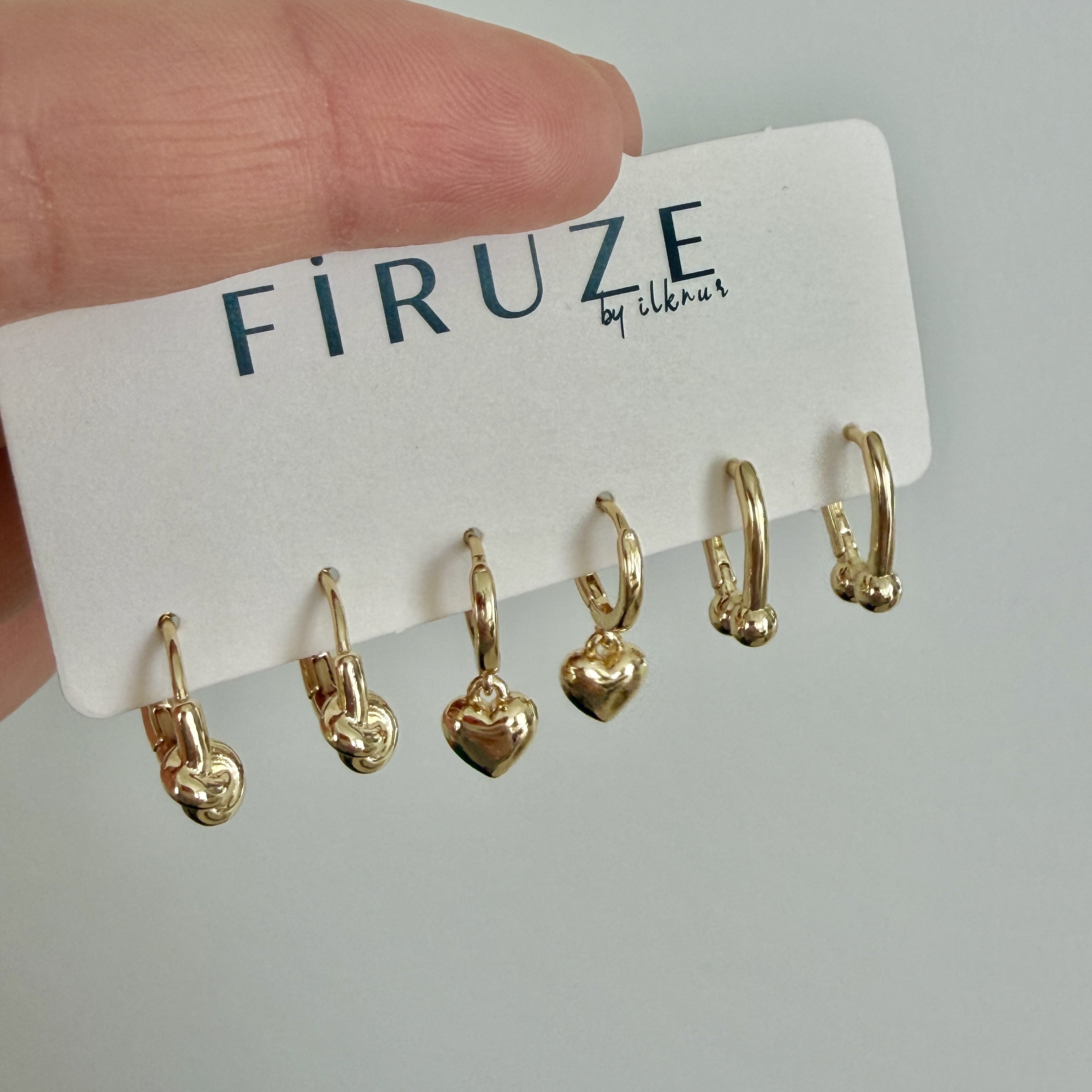 Altın Kaplama Düğüm,Kalp,Top Detaylı 6lı Set Halka Küpe