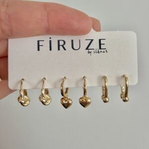 Altın Kaplama Düğüm,Kalp,Top Detaylı 6lı Set Halka Küpe