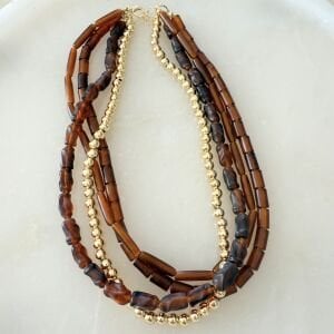 4 Sıra Kehribar Görünümlü Boncuk Kolye