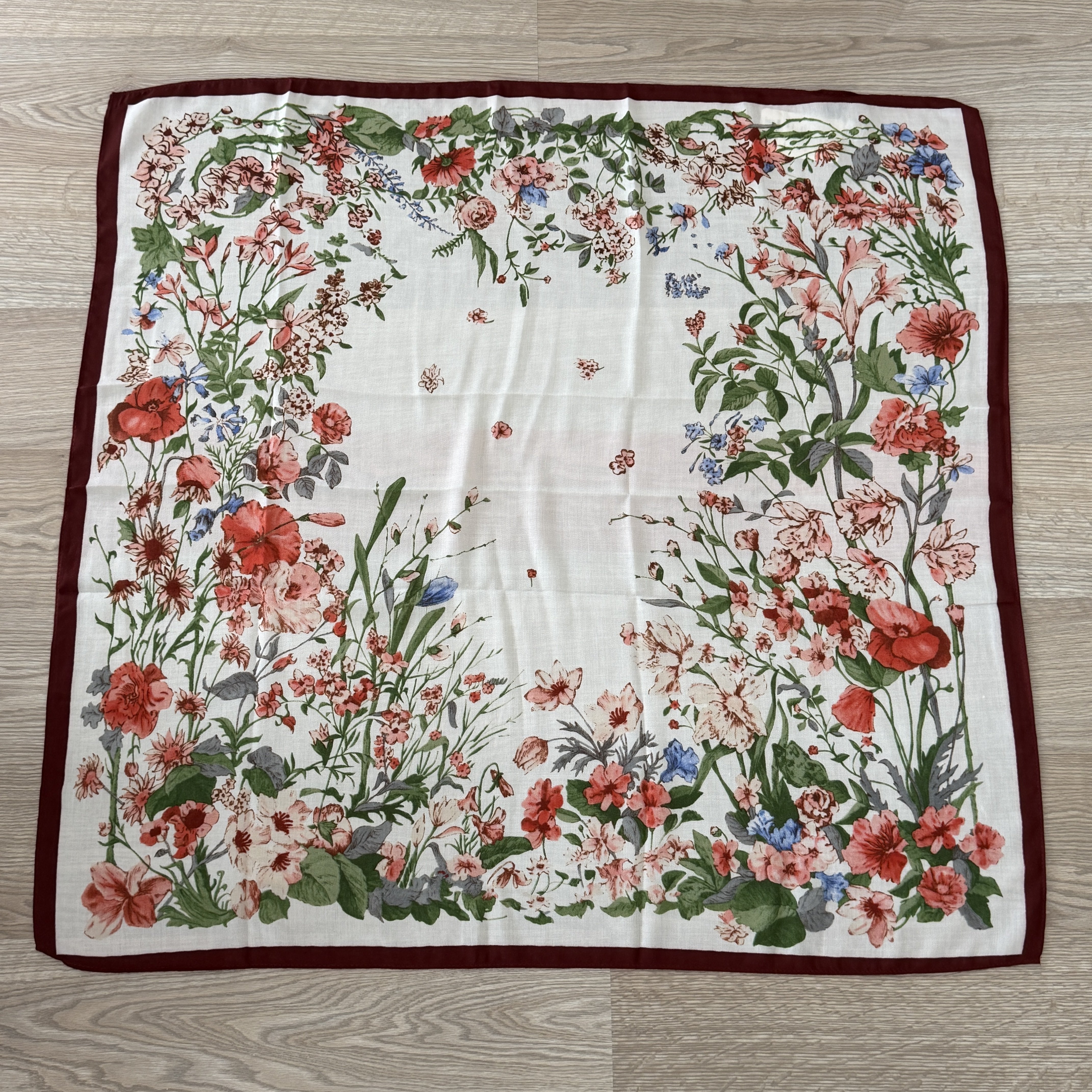Bordo Krem Çiçekli Pamuklu Şal 90*90cm