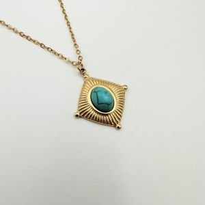 Çelik Minimal Tırtıklı Mavi Opal Taşlı Kolye