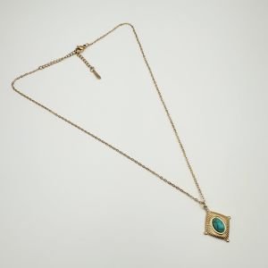 Çelik Minimal Tırtıklı Mavi Opal Taşlı Kolye