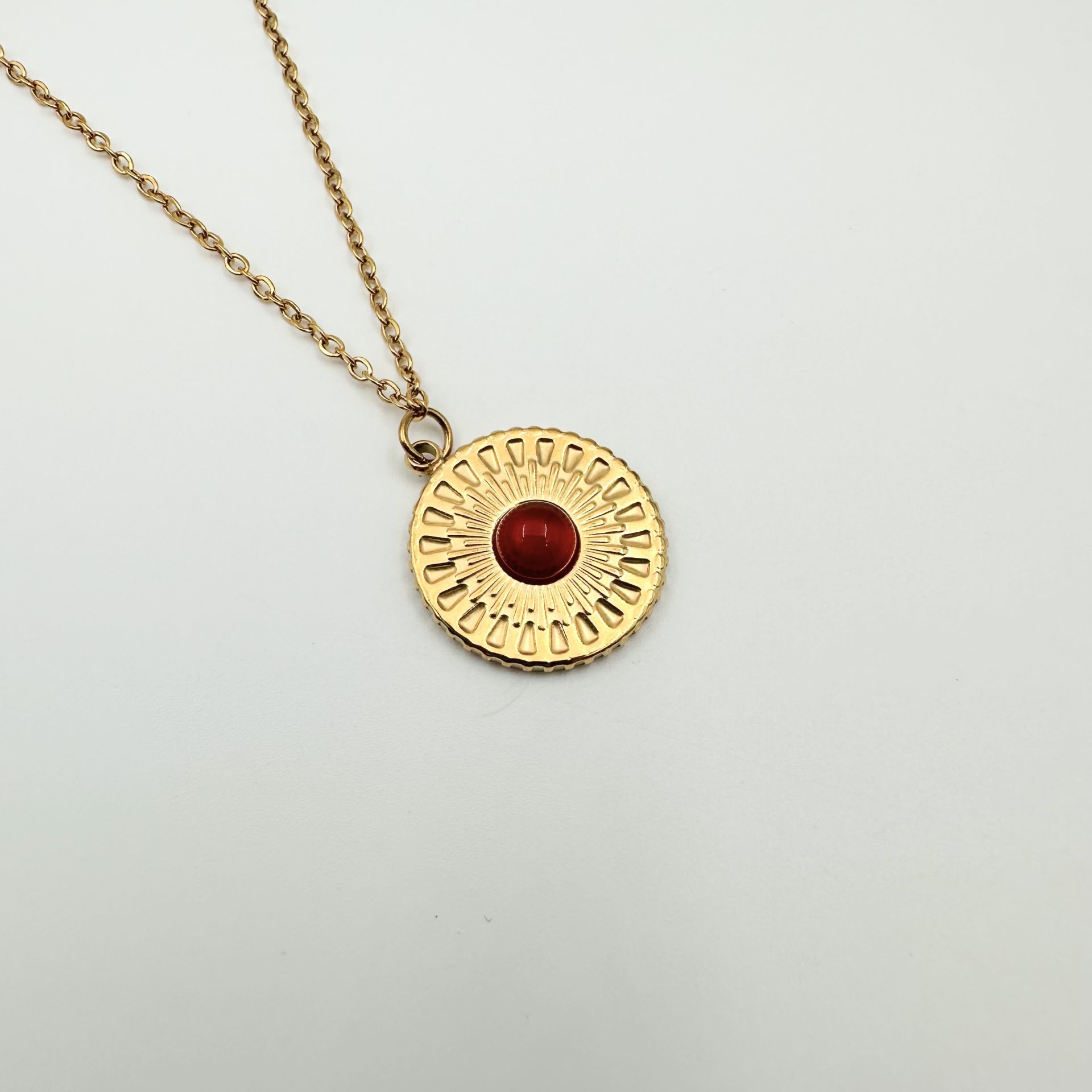 Çelik Mini Turuncu Taşlı Daire Kolye