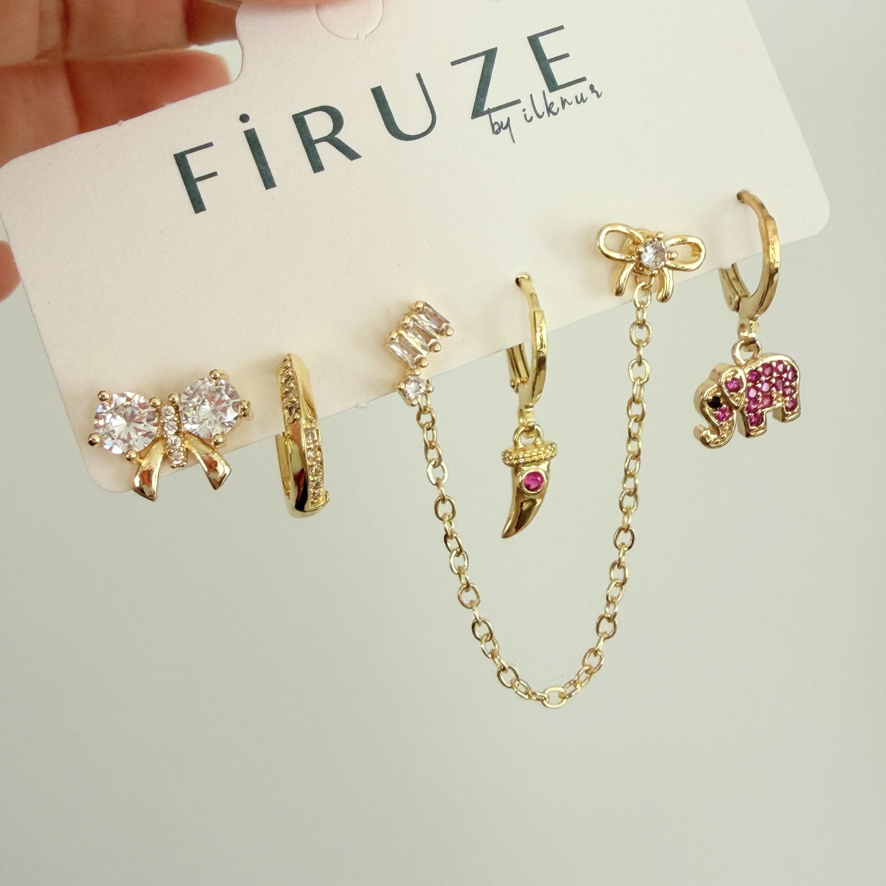 Altın Kaplama Pembe Taşlı Fil Detaylı 6’lı Set Küpe