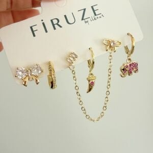 Altın Kaplama Pembe Taşlı Fil Detaylı 6’lı Set Küpe