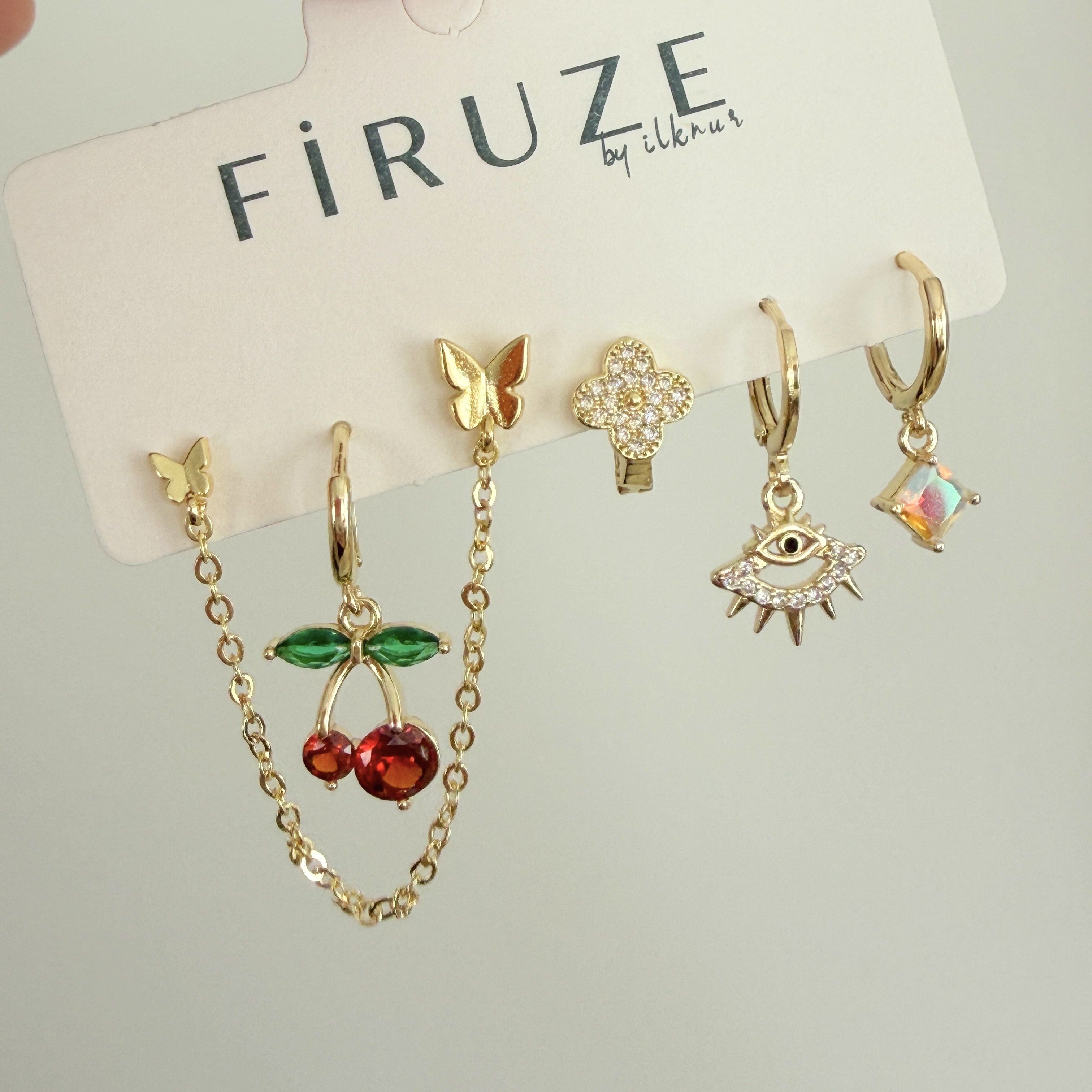 Altın Kaplama Kiraz Detaylı 6’lı Set Küpe