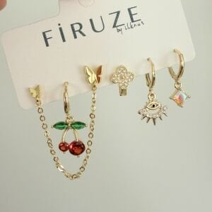 Altın Kaplama Kiraz Detaylı 6’lı Set Küpe