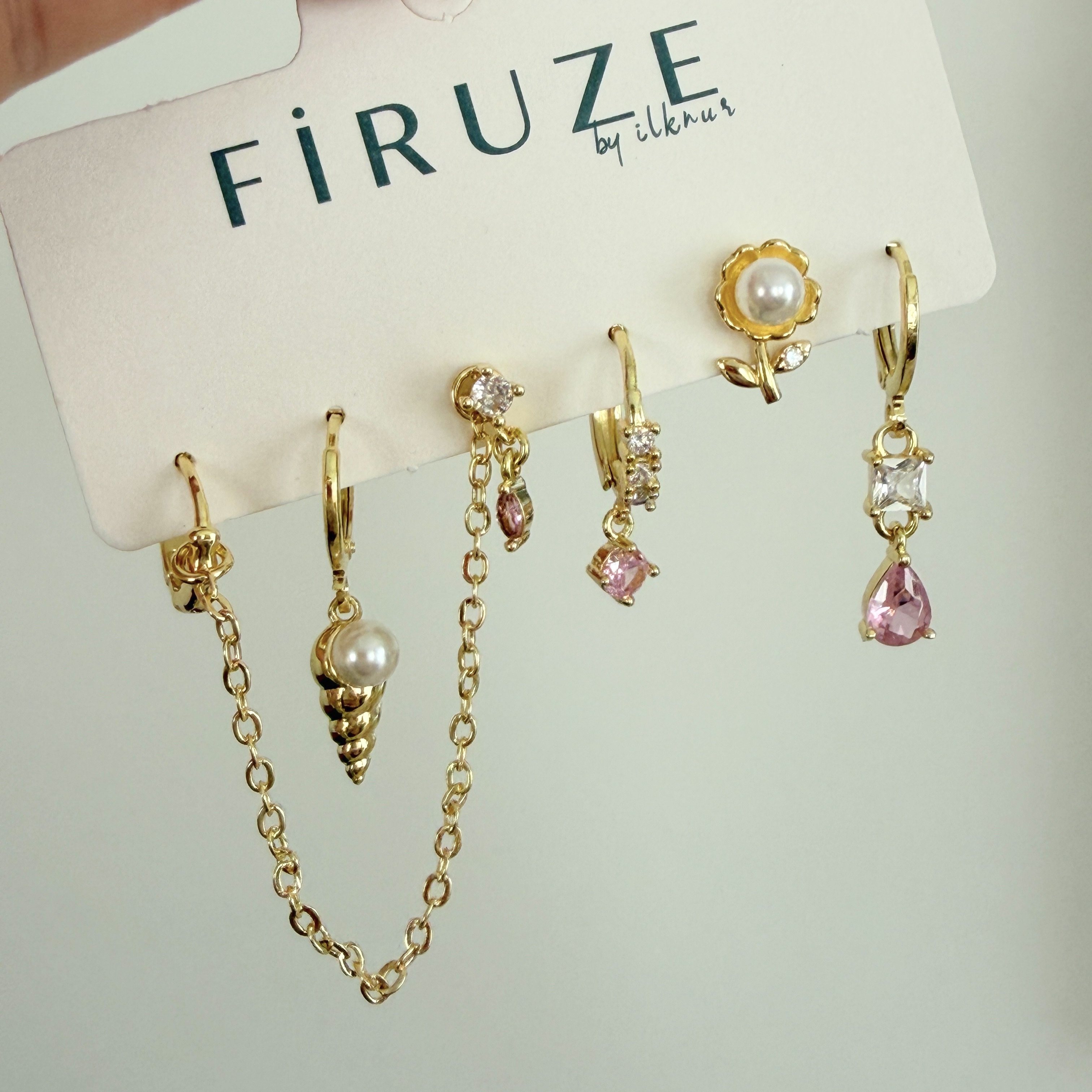 Altın Kaplama Pembe Taşlı İnci Çiçekli 6’lı Set Küpe