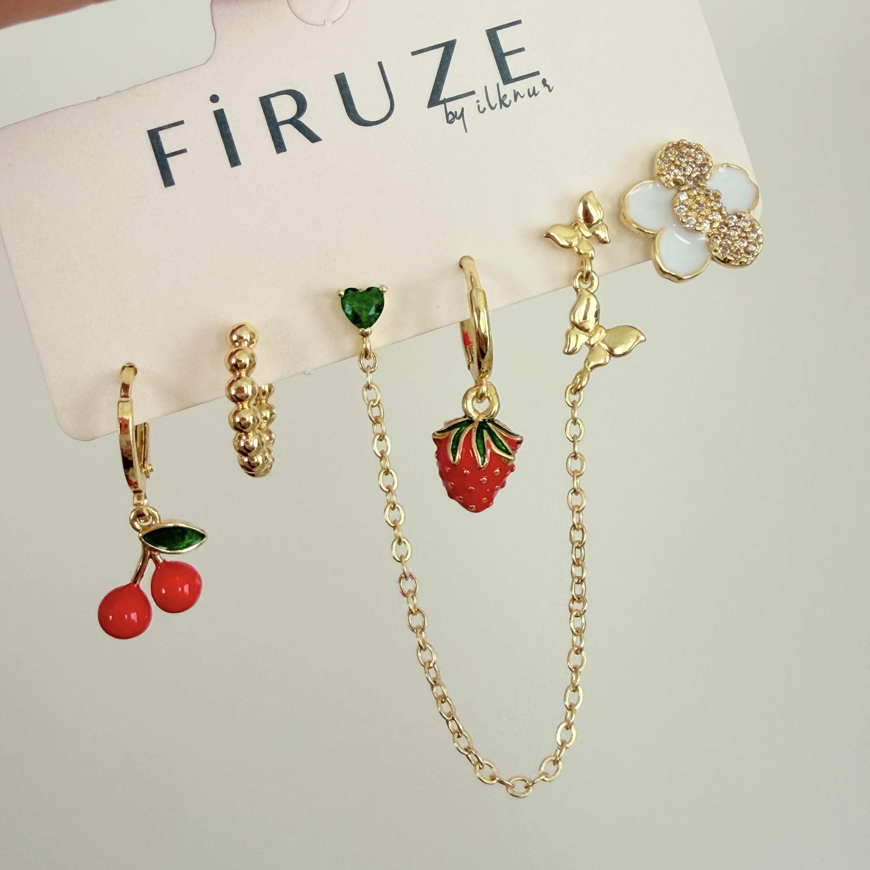 Altın Kaplama Kiraz Çilek Detaylı 6’lı Set Küpe