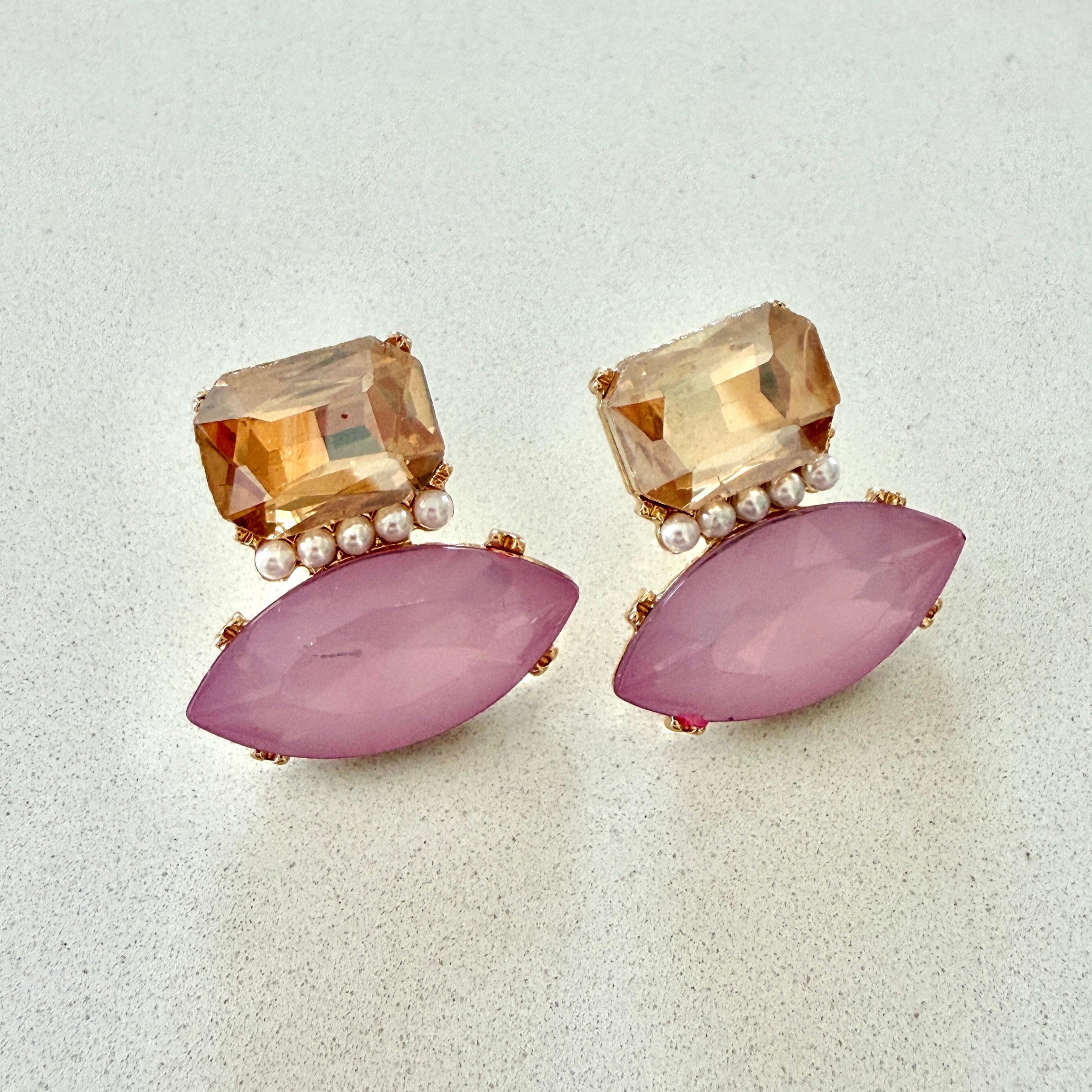 Pembe Yeşil Kristal Taşlı Küpe