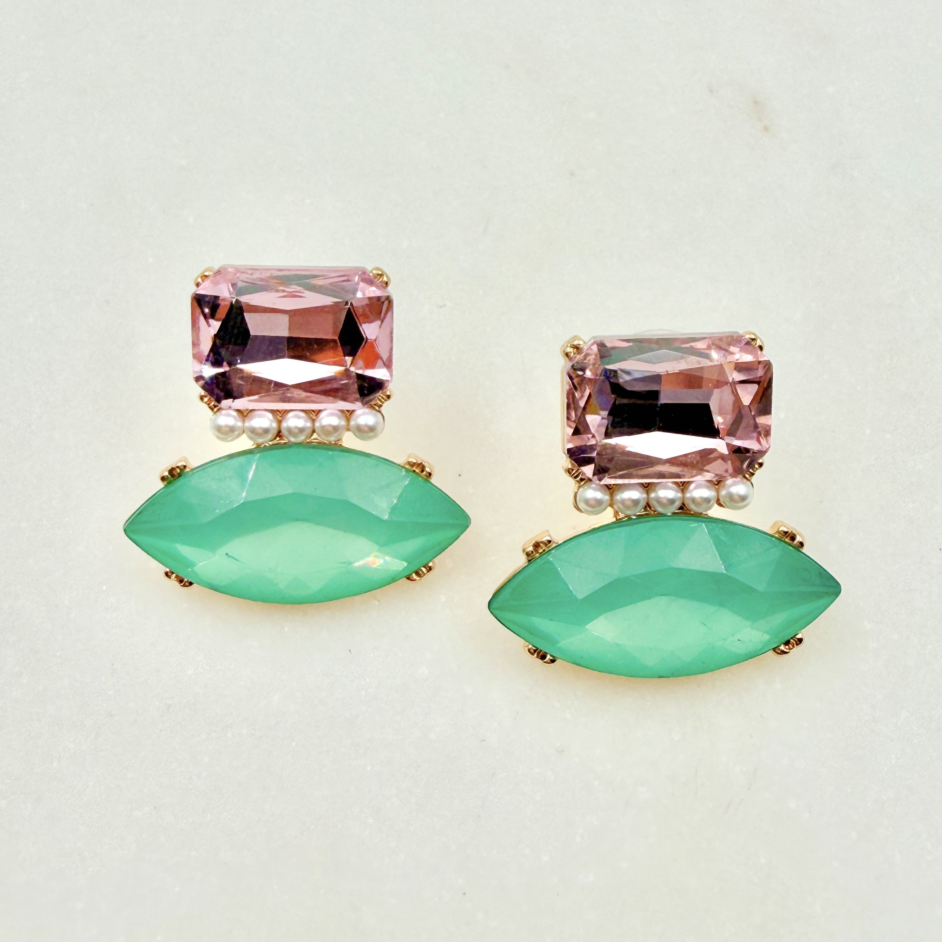 Pembe Yeşil Kristal Taşlı Küpe