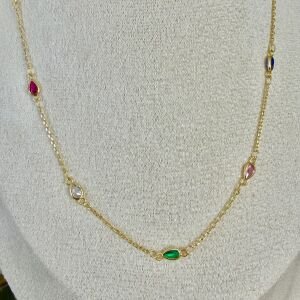 Altın Kaplama Renkli Taş Detaylı Damla Form Kolye (60cm)