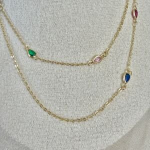 Altın Kaplama Renkli Taş Detaylı Damla Form Kolye (60cm)