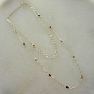 Altın Kaplama Renkli Taş Detaylı Damla Form Kolye (60cm)