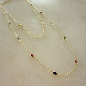 Altın Kaplama Renkli Taş Detaylı Damla Form Kolye (60cm)