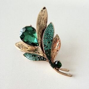 Yeşil Taşlı Yaprak Broş